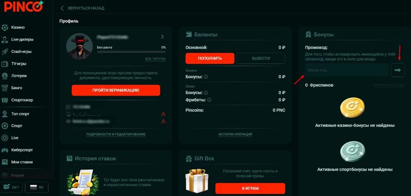 Ввод промокода